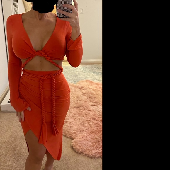 Coral Orange Wrap Skirt & Long Sleeve Top, Braided + Matching Set - Picture 6 of 11